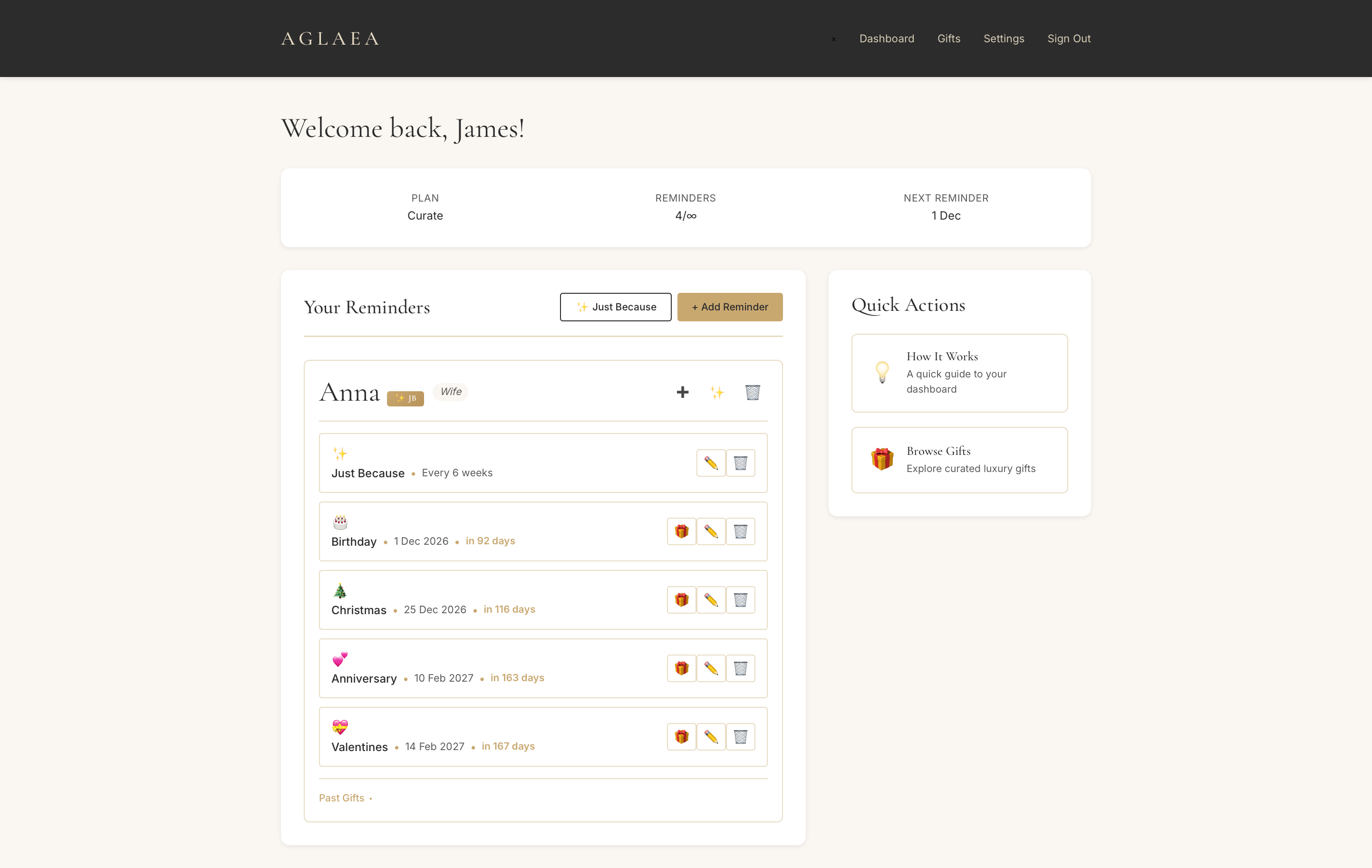 AGLAEA dashboard showing upcoming reminders for a family member, including birthday, anniversary, and Just Because moments